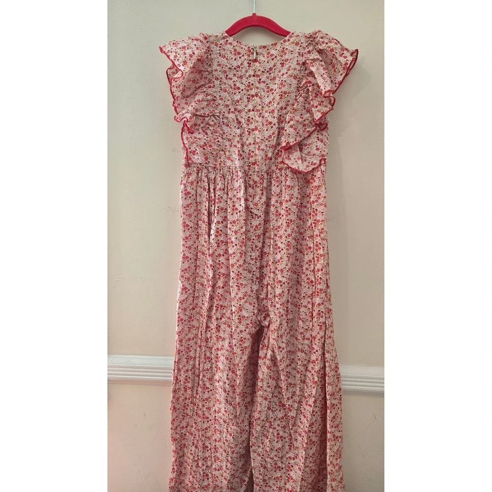 Pink Chicken Girls Floral Ruffle Jumpsuit Red Pink Metallic Lurex Size 7Y